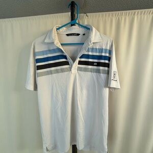 Men's White and Blue Striped Polo Shirt